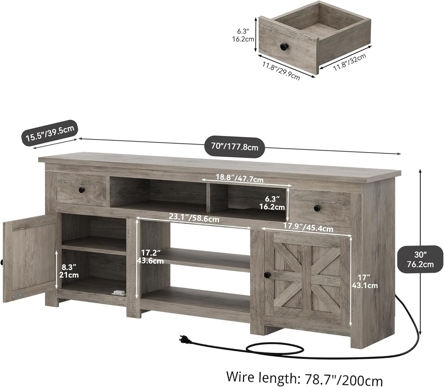 YITAHOME TV Stand for 75/80 Inch TV, Farmhouse Entertainment Center with Storage, 70 Inch TV Cabinet with Drawers and Power Outlet, TV Console for Living Room (Grey Oak)
