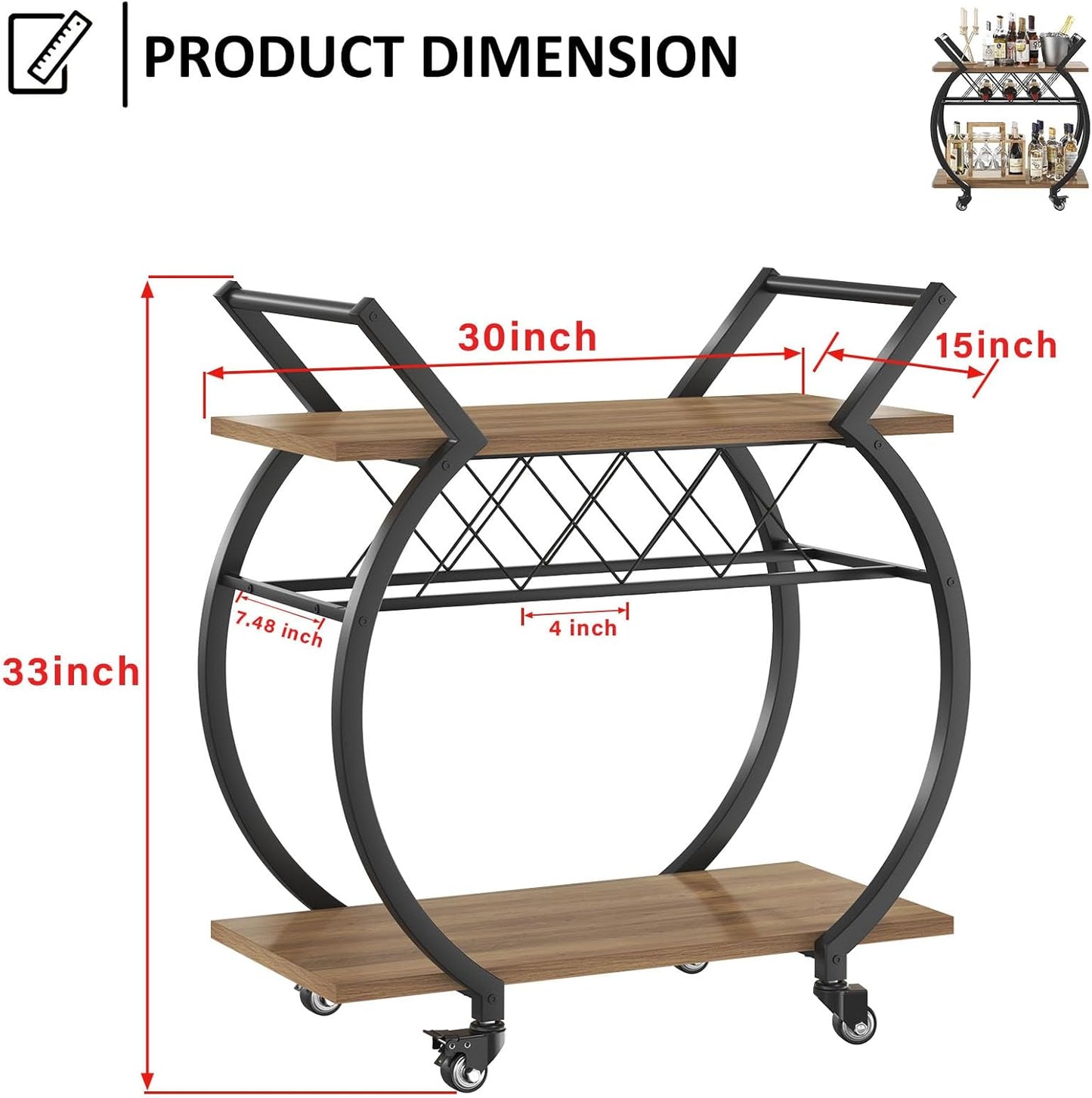 LVB Bar Cart with Wine Rack, 2 Tier Kitchen Cart on Wheels, Modern Wood and Metal Portable Coffee Cart Table for Home, Utility Industrial Mobile Serving Cart with Storage Shelf, Rustic Oak