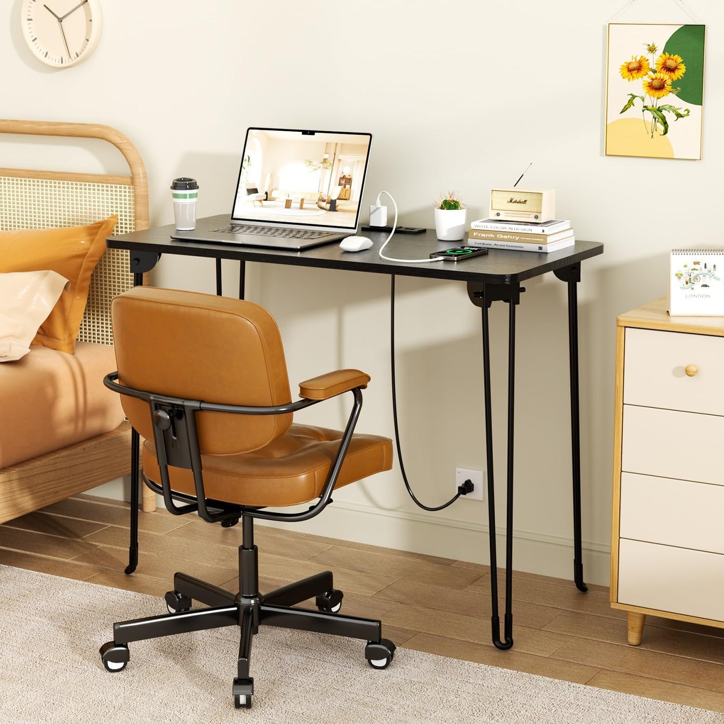 Folding Desk, 31.5" Hairpin Legs Small Desk with Power Strip for Bedroom, Space Saving Foldable Computer Desk for Home Office, No Assembly Need, Black