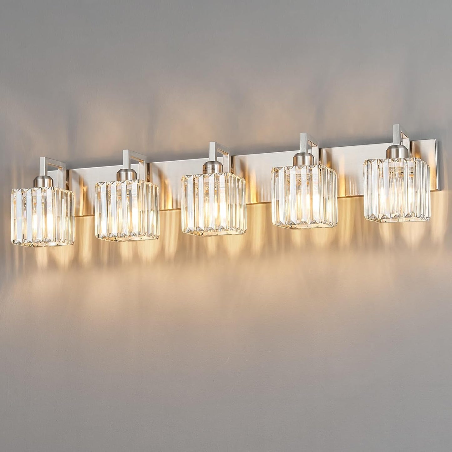 Modern Bathroom Vanity Light 5-Lights Brushed Nickel Vanity Light Crystal Wall Light Bathroom Light Fixtures