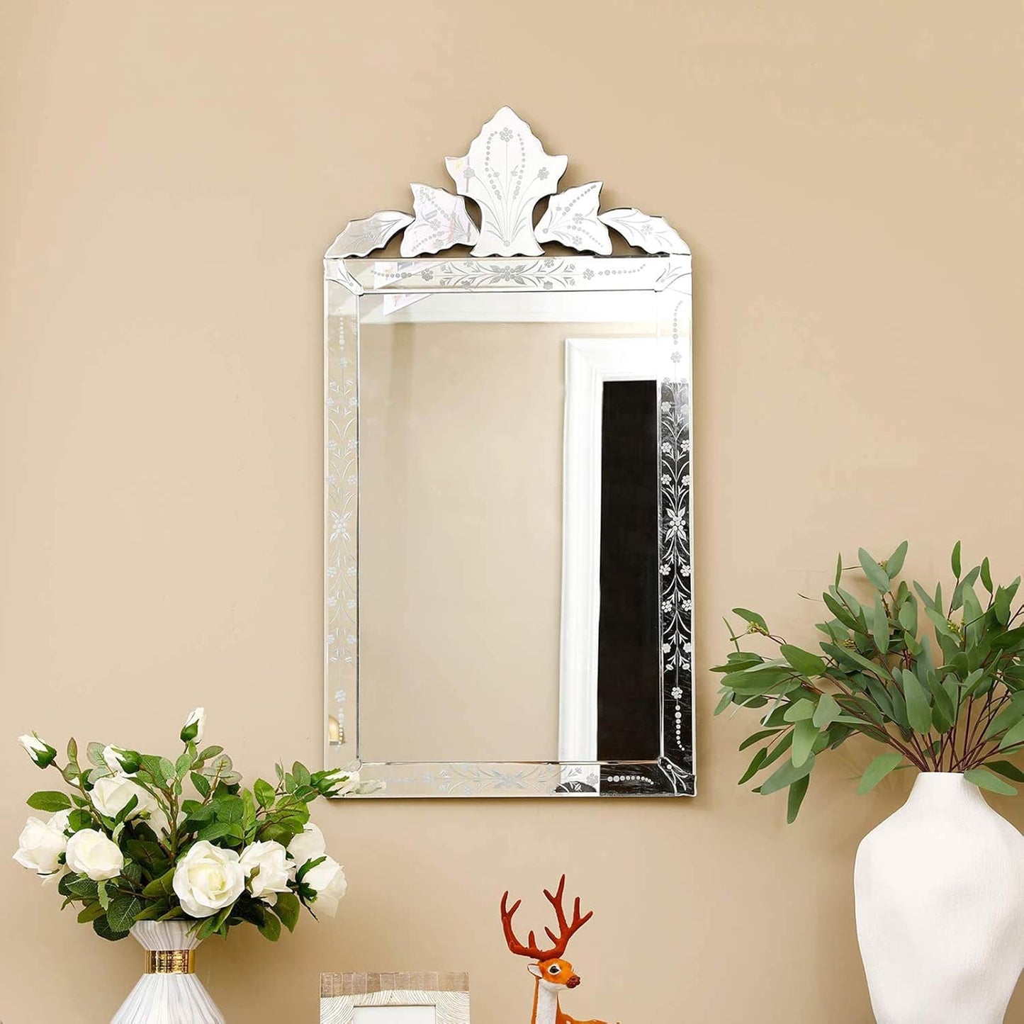 KOHROS Bathroom Vanity Decorative Mirrors for Wall Decor 42" x 24" Venetian Wall Mirror with Floral Etched Design Crown Top Frameless Wall Mirror for Bedroom Bathroom Vanity