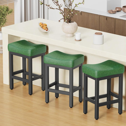 Counter Height Bar Stools Set of 3, 24 Inch Barstools for Kitchen Island Counter, Faux Leather Kitchen Stools with Saddle Seats & Metal Base, Easy Assembly, Forest Green