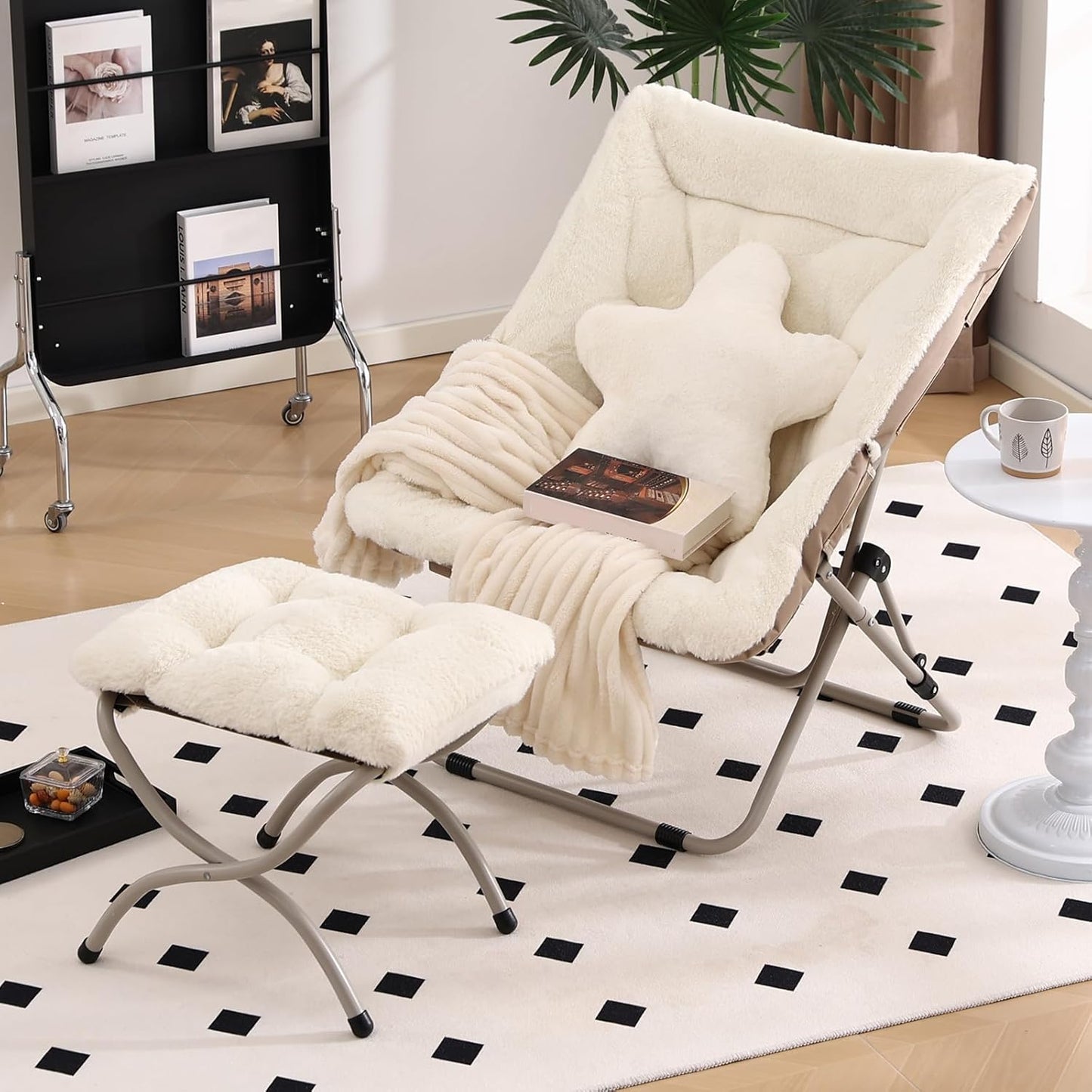 Welnow Comfy Saucer Chair with Ottoman, Oversized Folding Reading Chair for Adults with Throw Pillow Soft Faux Fur Lounge Chair for Bedroom Furry Accent Chair for Living Room, Dorm Rooms, Beige