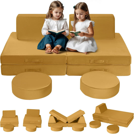 MeMoreCool Modular Kids Couch Sofa, Mustard 8-Piece Convertible Foam Play Couch Set for Toddlers and Playroom