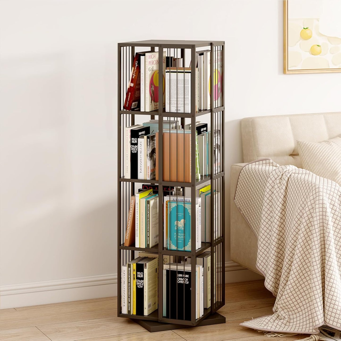 Square Rotating Bookshelf Tower - 360 Spinning Display Corner Bookcase for Narrow Space, Modern 4-Tier Revolving Storage Shelf, Black