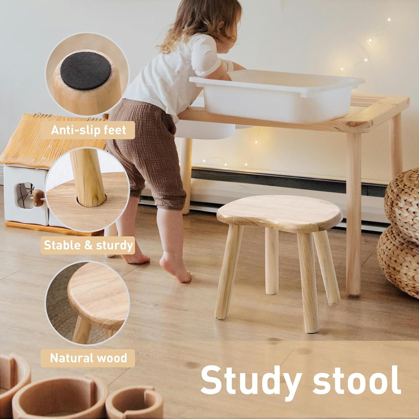 Wooden Stool, Small Step Stool for Kids, 10 inch Small Short Solid Wood Chair Perfect Matched Sensory Table, Sturdy and Versatile for Bathroom, Kitchen, Bedroom, Plant Stand (Burlywood)