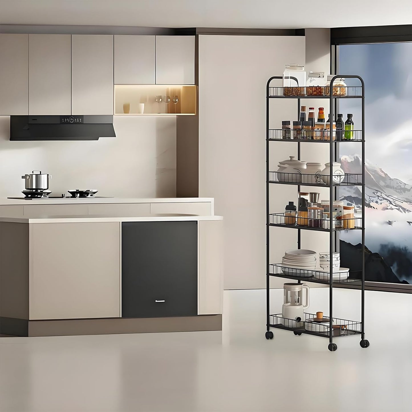 6-Tier Slim Storage Cart with Wheels,10in Wide Black Narrow Rolling Shelf,Sturdy Slim Storage Ideal for Kitchen, Bathroom, and Laundry Room