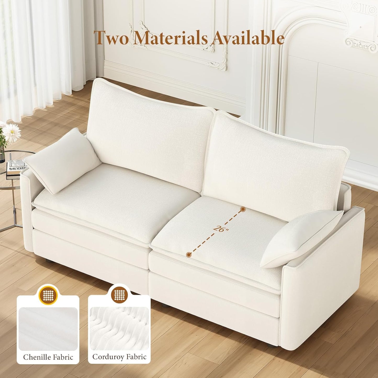 Vesgantti 74" Loveseat Sofa for Living Room, Comfy Cloud Couch Deep Seat Chenille Modern 2 Seater Small Sofa with Armrest Pillow, Easy Assembly for Small Spaces, Snow White