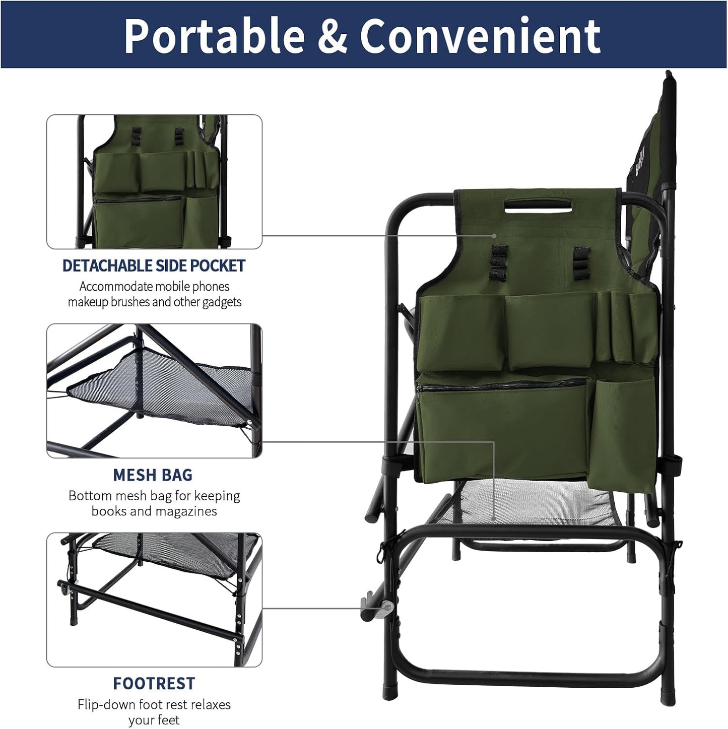 Tall Folding Directors Chair with Side Table 26.77" Seat Height Foldable Camping Chair Bar Stool for Makeup Artist Face Painting with Footrest and Storage Pocket Supports 350LBS