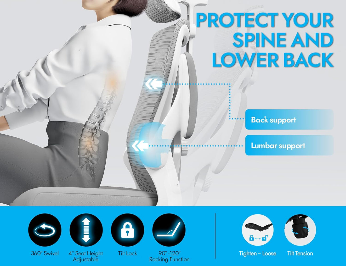 Ergonomic Office Chair - Computer Desk Chairs Comfy, Mesh High-Back Gaming Chair with Adjustable Lumbar Support, Executive Task Chair for Adults, Comfortable for Long Hours (Grey Silver)