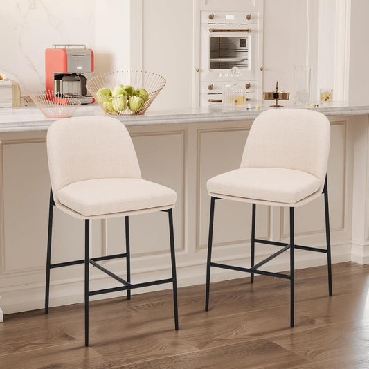 COLAMY Counter Height Bar Stools Set of 2, 25 Inch Modern Fabric Kitchen Island Stools with Back, Upholstered Counter Barstools Armless Bar Chairs with Metal Legs for Island Dining Room Bar, Beige
