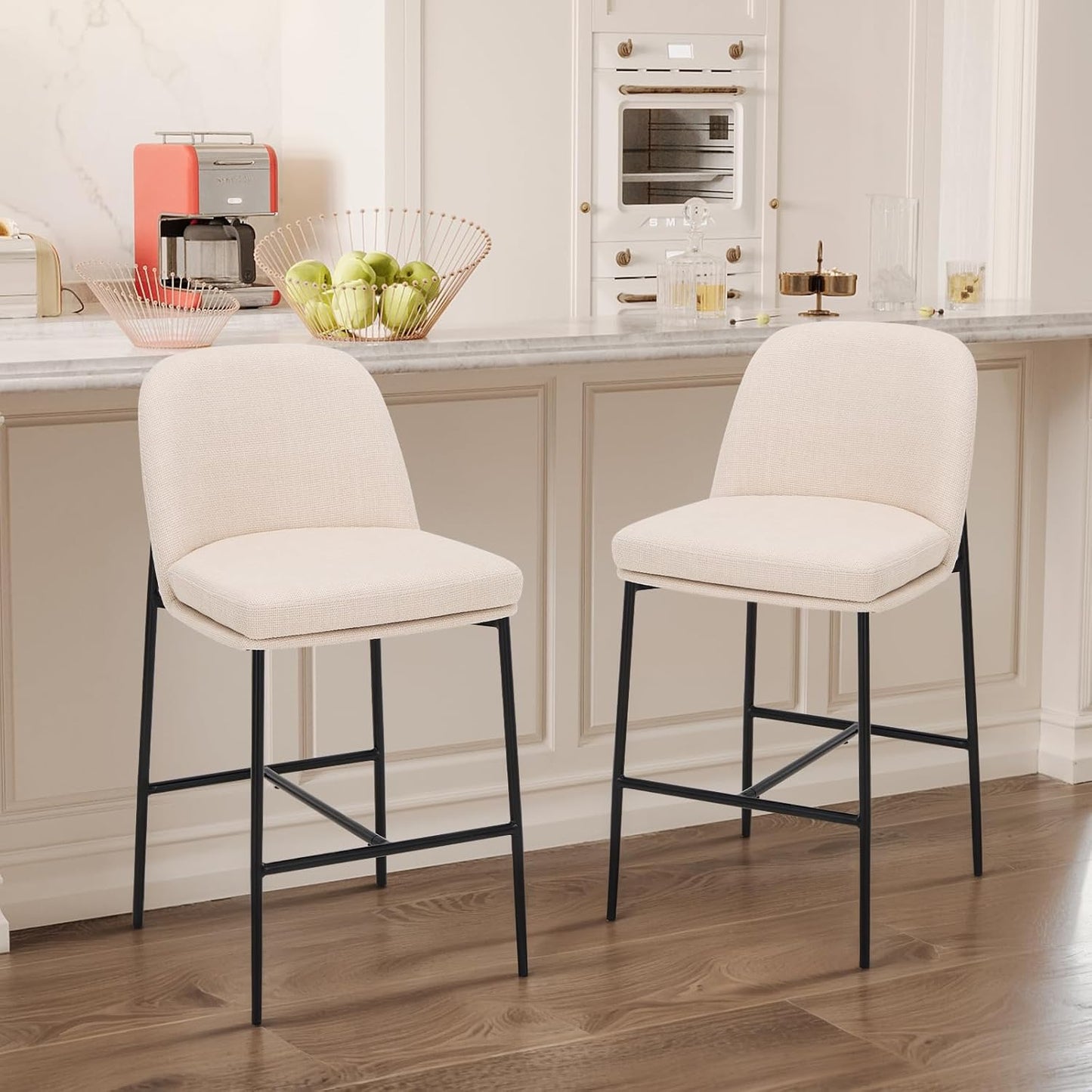 COLAMY Counter Height Bar Stools Set of 2, 25 Inch Modern Fabric Kitchen Island Stools with Back, Upholstered Counter Barstools Armless Bar Chairs with Metal Legs for Island Dining Room Bar, Beige