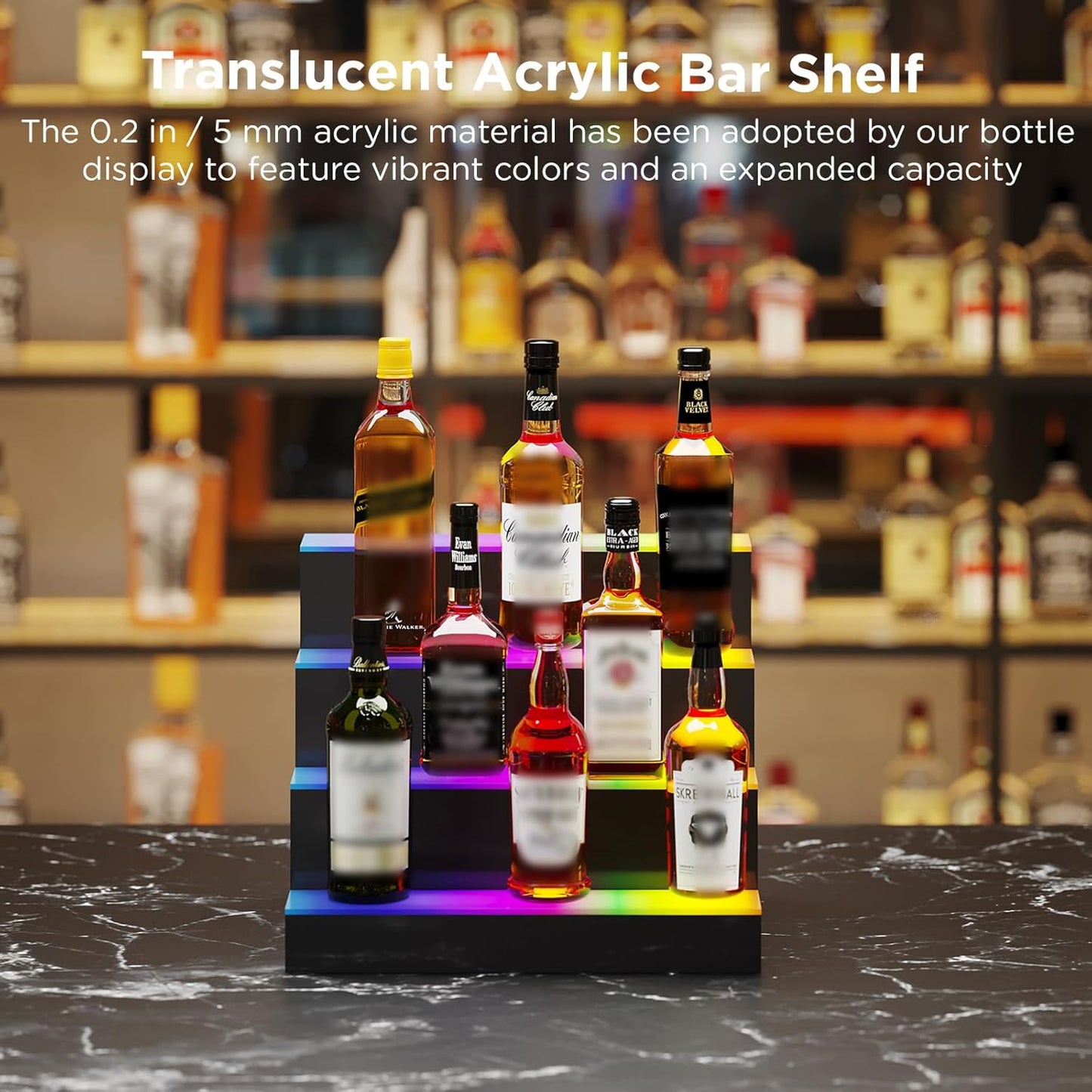 Dethan 4 Tier 16 Inch LED Lighted Liquor Bottle Display Shelf - Illuminated Wine Racks with Multi-Color App & Remote Control, Adjustable Brightness & Sound Modes, Acrylic Bar Shelves for Club Displays