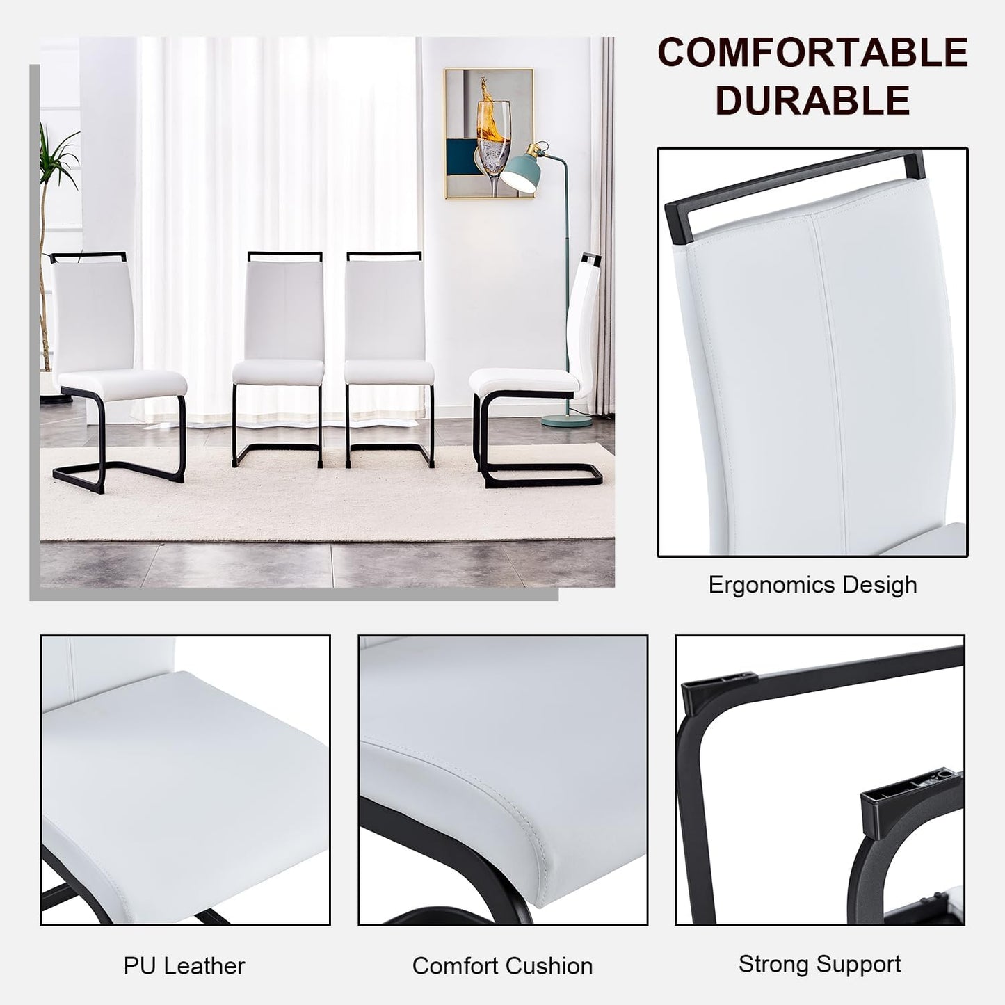 Modern Dining Chairs Set of 6,High Back Kitchen Chairs,Side Room Chair with Black Powder Coating Metal Legs,Easy to Clean Upholstered Dining Chairs,Ideal for Living Room(White Chairs)