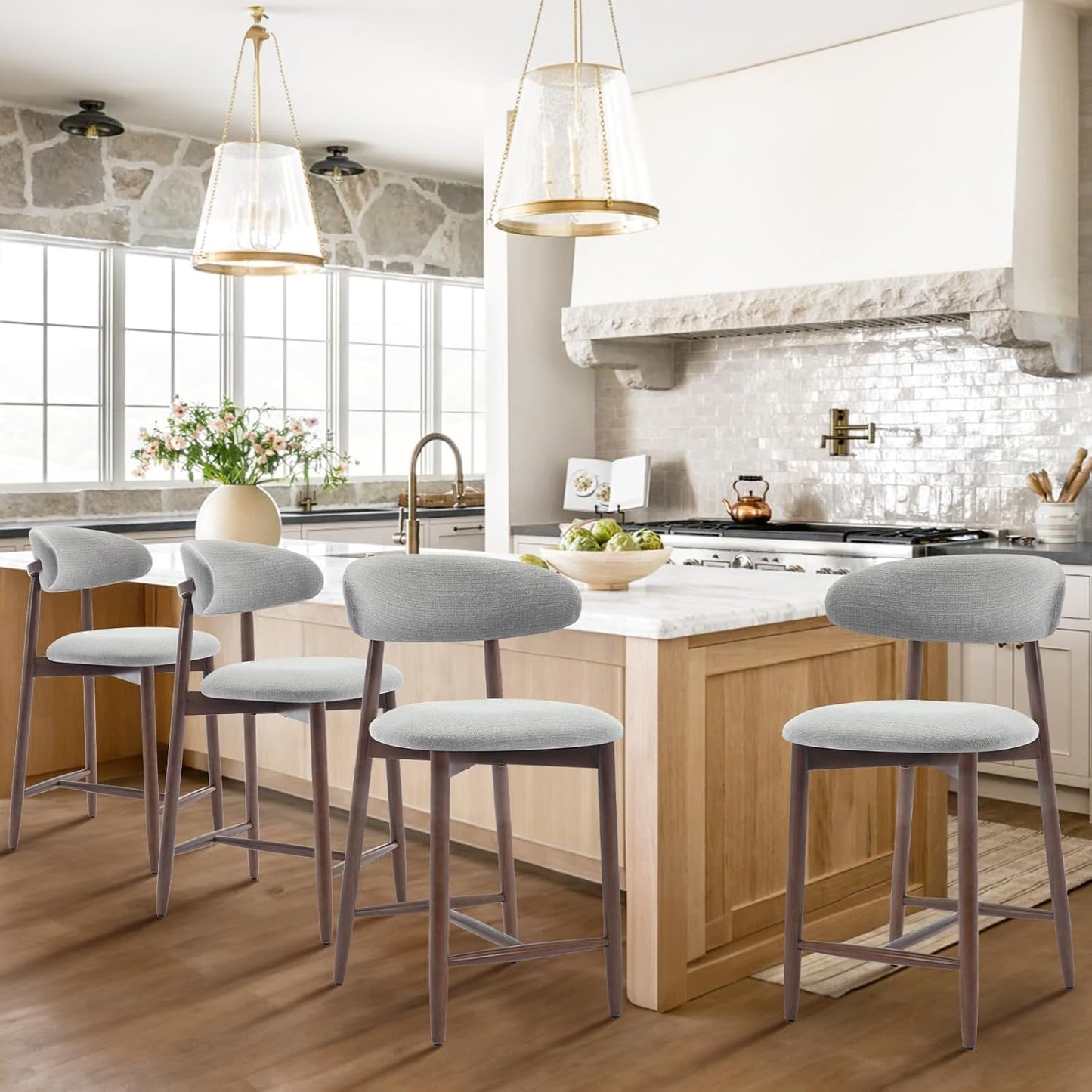 COLAMY Bar Stools Set of 4, Counter Height Bar Stools, Upholstered Counter Stools with Wood Legs for Kitchen Island Dining Room Bar, Light Grey