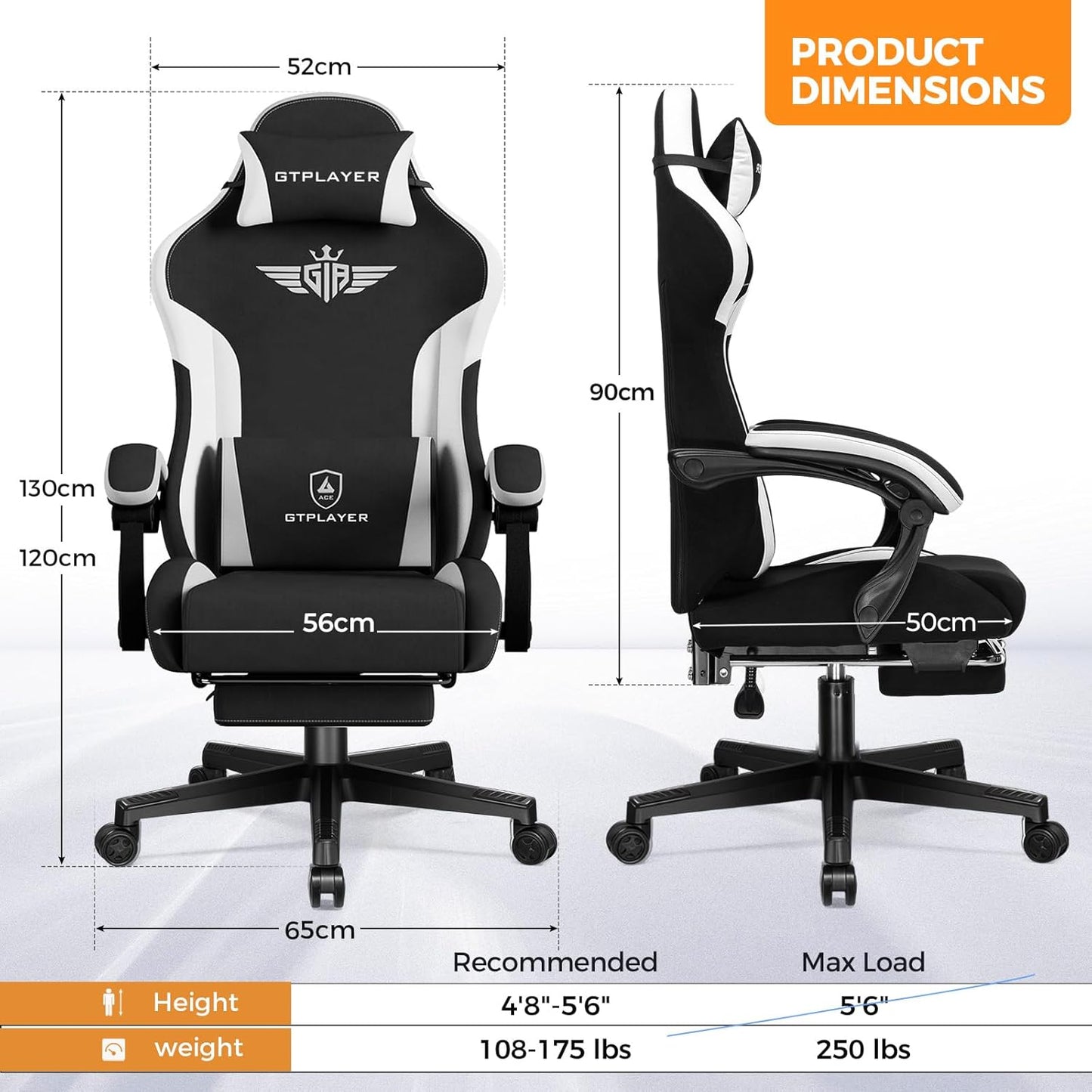 GTPLAYER Gaming Chair Fabric with Footrest, Big and Tall Game Chair High Back Computer Office Chair with Lumbar Support for Adults, Ergonomic Swivel Games Chair with Cushion Gaming Black