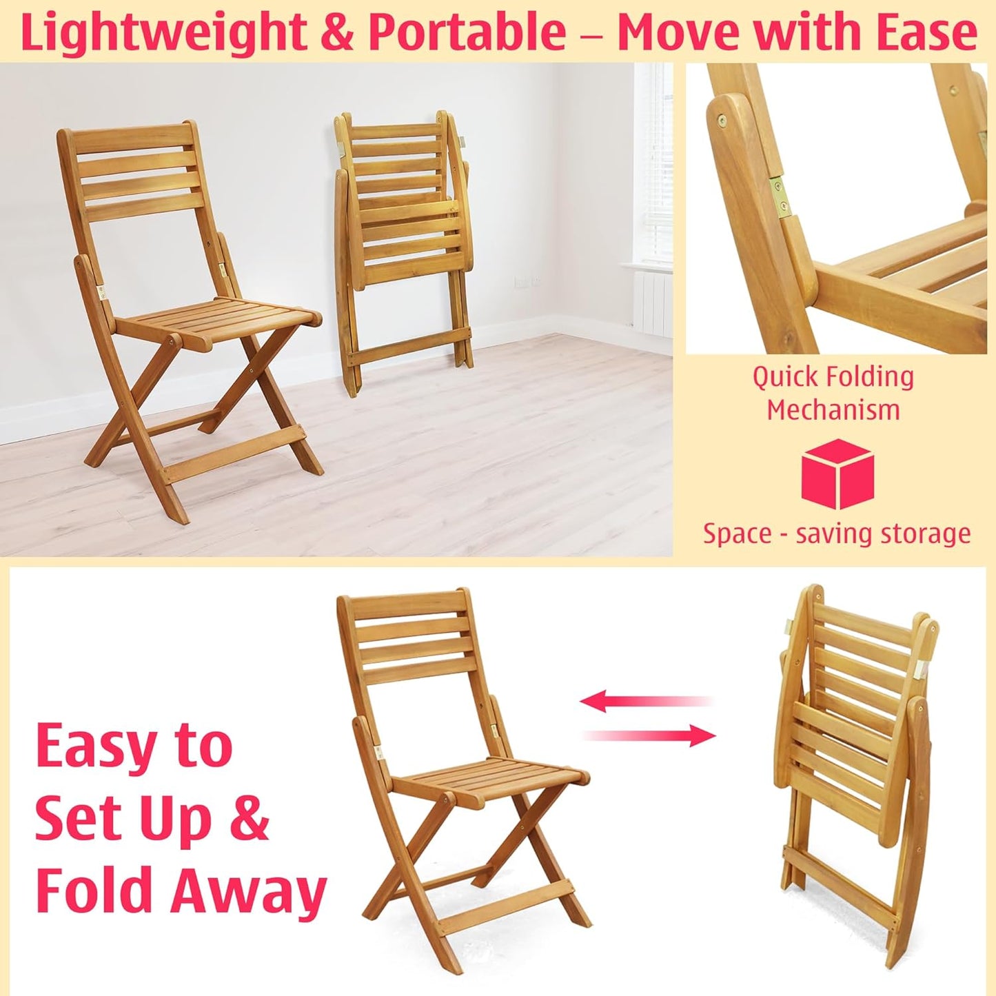 Tranquillo Anya Acacia Wood Folding Chairs Set of 2 – 400lbs Capacity, No Assembly Needed, Indoor & Outdoor Wooden Foldable Dining Chairs, Space-Saving & Portable Design for Home & Events