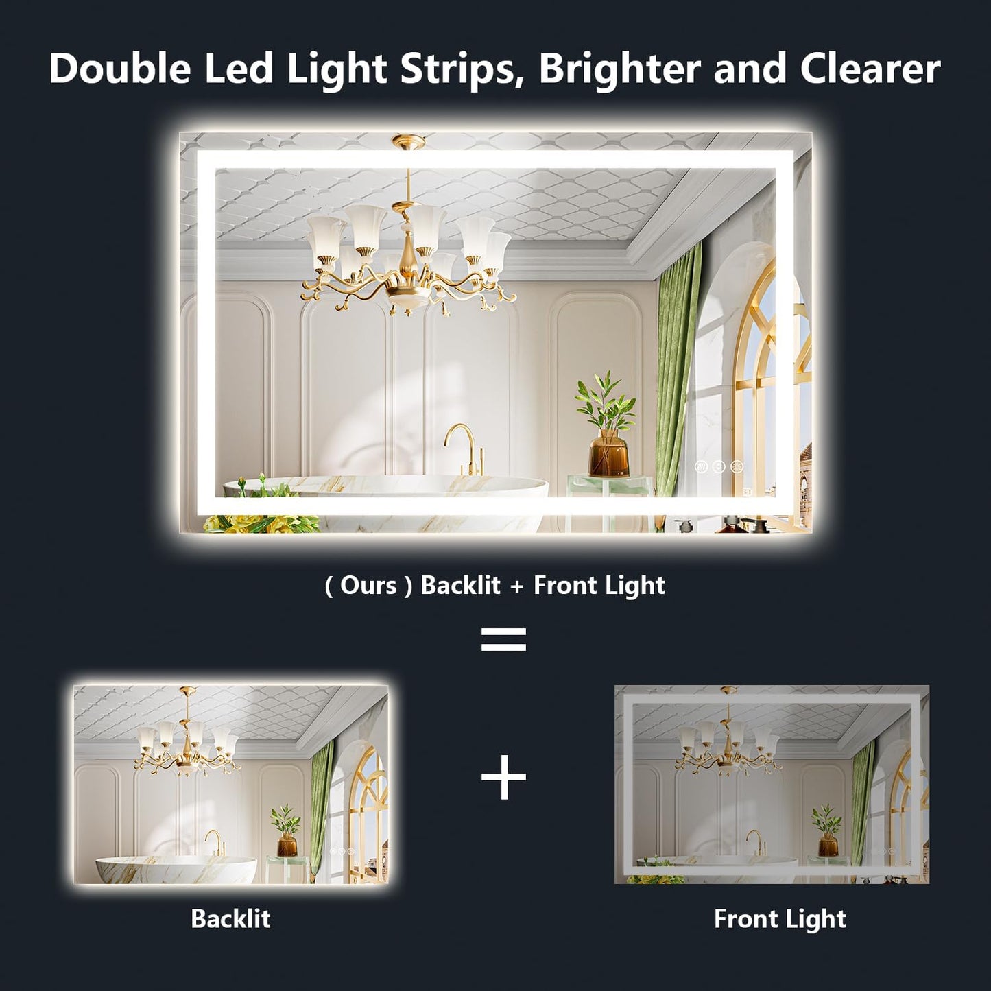 48x30 Inch LED Bathroom Mirror with Lights Front and Backlit Lighted Vanity Mirror for Bathroom Wall with 3 Colors Dimmable Anti-Fog Memory Shatter-Proof IP54 Waterproof Horizontal/Vertical
