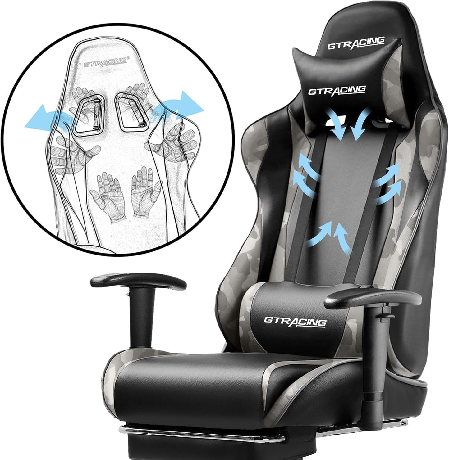 GTRACING Gaming Chair with Footrest, Ergonomic Computer Game Desk Chair, Reclining Gaming Chair Seat Height Adjustment, Swivel Rocker with Headrest and Lumbar (Camouflage)