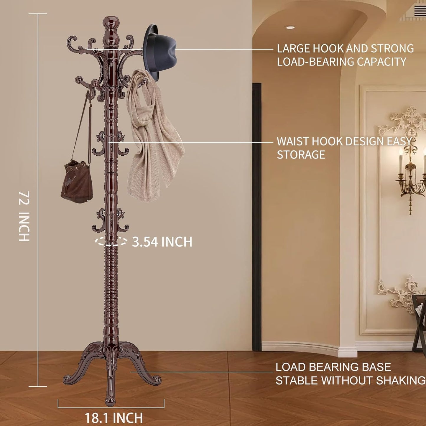 Wood Coat Rack Stand, Classic Wooden Coat Rack Freestanding with Sturdy Triangle Base, Vintage Coat Racks with 14 Hooks, Natural Birch Wood Entryway Corner Office Coat Hall Tree Hanger Stand