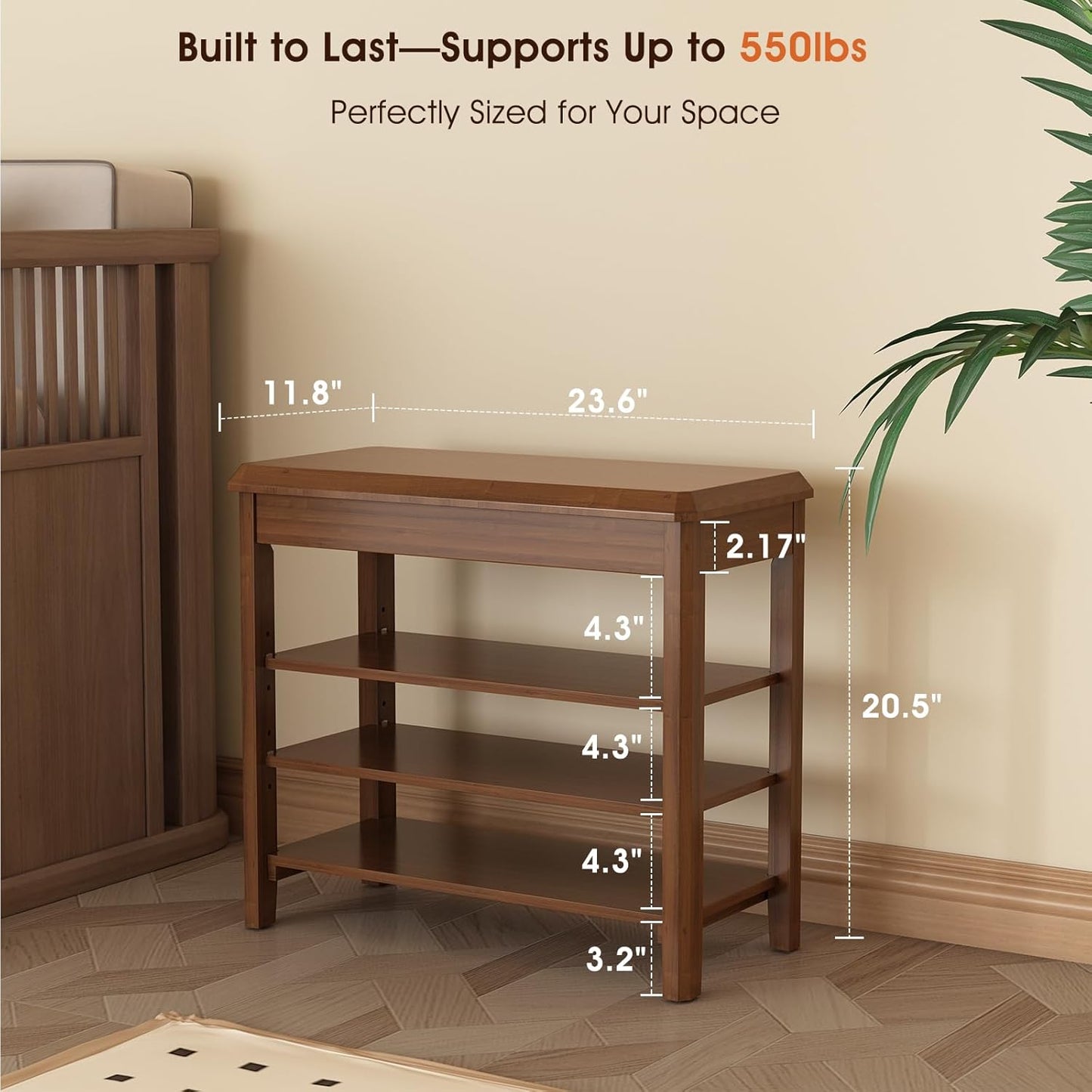 Shoe Rack Bench Seat Rubberwood 3-Tier Wooden Storage Bench 550lbs Compact Mid-Century Modern Design for Entryway, Hallway, Closet, Front Door Entrance, Foyer