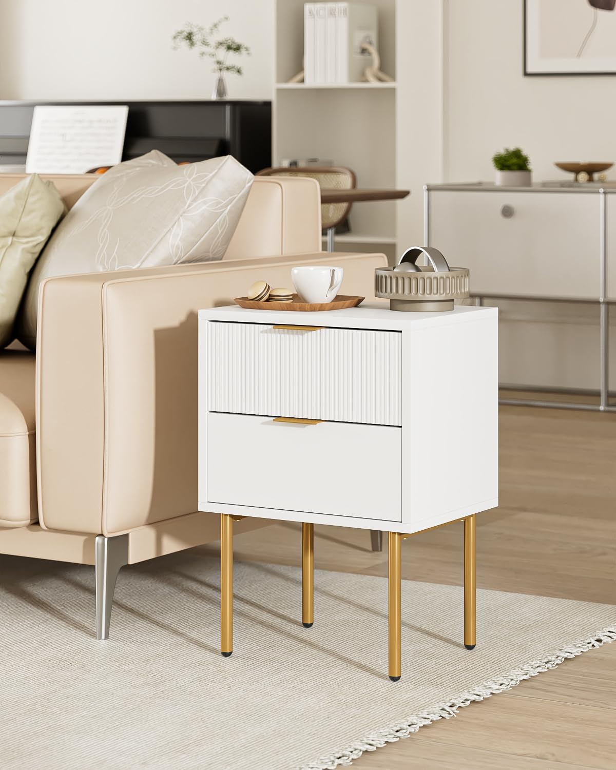 Nightstand,Small Bedside Table with Gold Frame,Morden Night Stand with 2 Drawer,End Table,Side Table with Drawer and Shelf for Bedroom,Living Room (White-2Drawer)