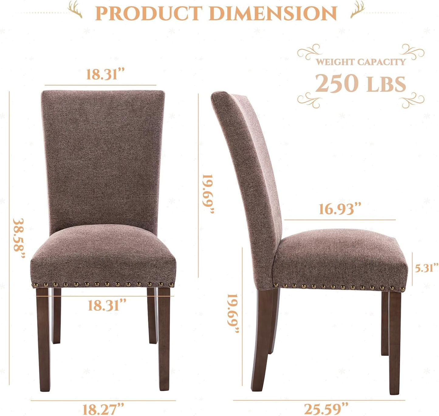 Parsons Dining Chairs Set of 2, Upholstered Nailhead Dining Room Kitchen Side Chair with Thick Cushions and Wood Legs, Brown
