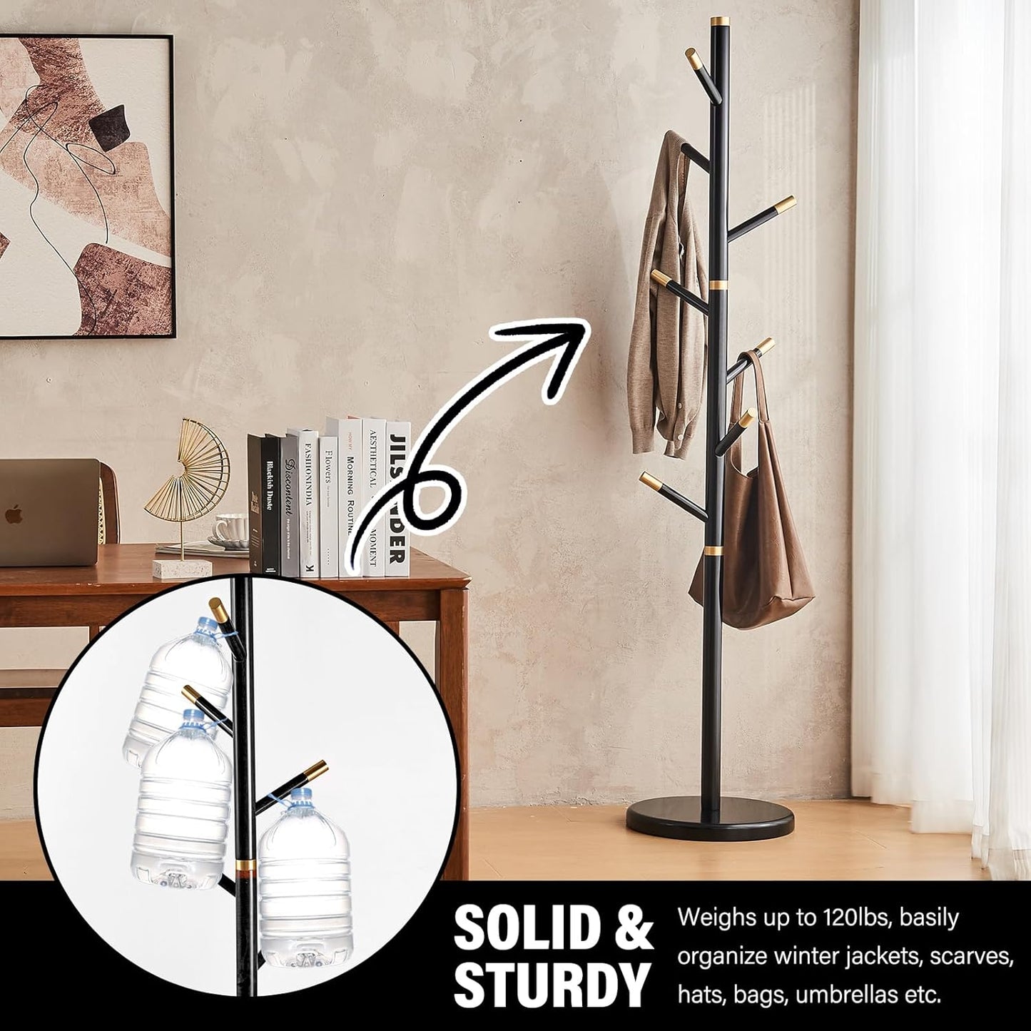 CozyDH Black Coat Rack Freestanding Solid Wood Coat Rack Stand, Coat Tree Freestanding with 7 Hooks Creative Tree Branch-look for Entryway, Hallway, Bedroom