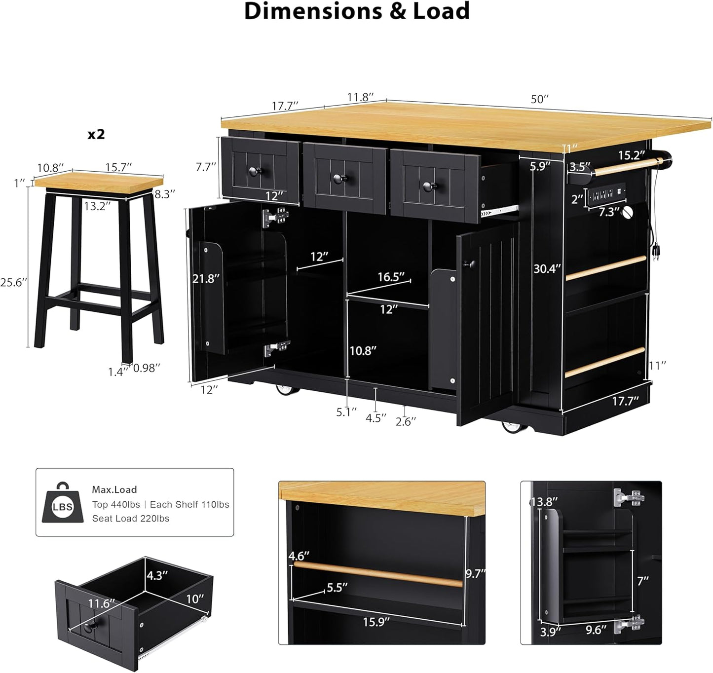 53" Large Kitchen Island with 2 Bar Stools,Power Outlet & Door Internal Storage Rack,Kitchen Storage Cart on 5 Wheels W/Drop Leaf,5 Open Side Racks & 3 Drawers,for Kitchen,Dining Room,Black