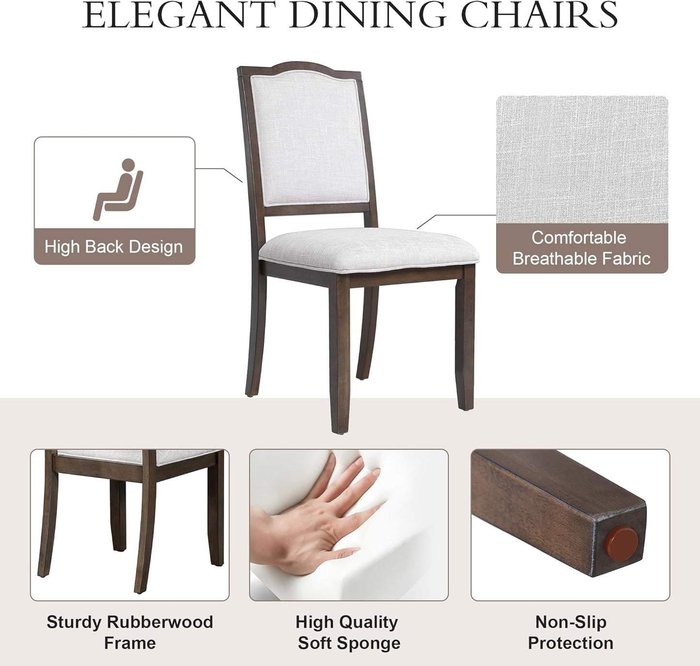 Merax Upholstered Dining Chairs Set of 4, Farmhouse Chair with High Back, Modern Seating for Kitchen, Bedroom & Living Room, Brown+Beige