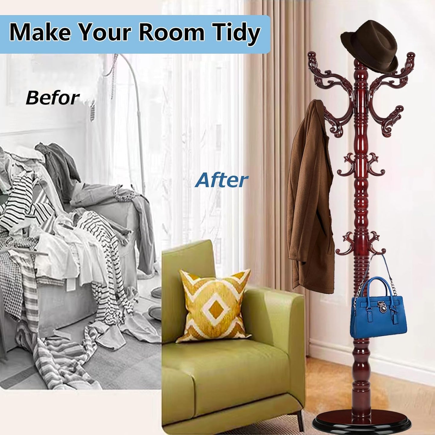 Solid Wood Coat Rack, Coat Racks Free Standing with 14 Hooks, Vintage Coat Rack with Stable Disc Base, Adjustable Height 73 in for Porch, Living Room, Bedroom, Office (Redwood Color)