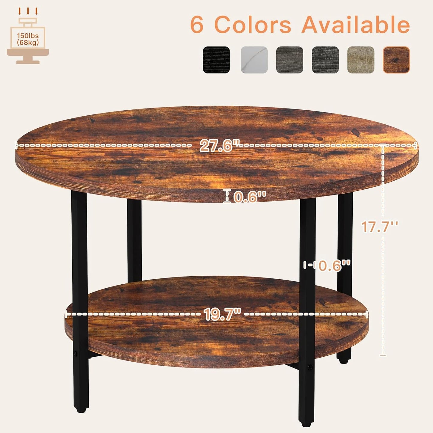 Coffee Table, 2 Tier Coffee Tables for Living Room, Round Coffee Table with Storage, Floor Table for Bedroom, Home Office, Rustic Brown (27.6" D x 17.7" H)