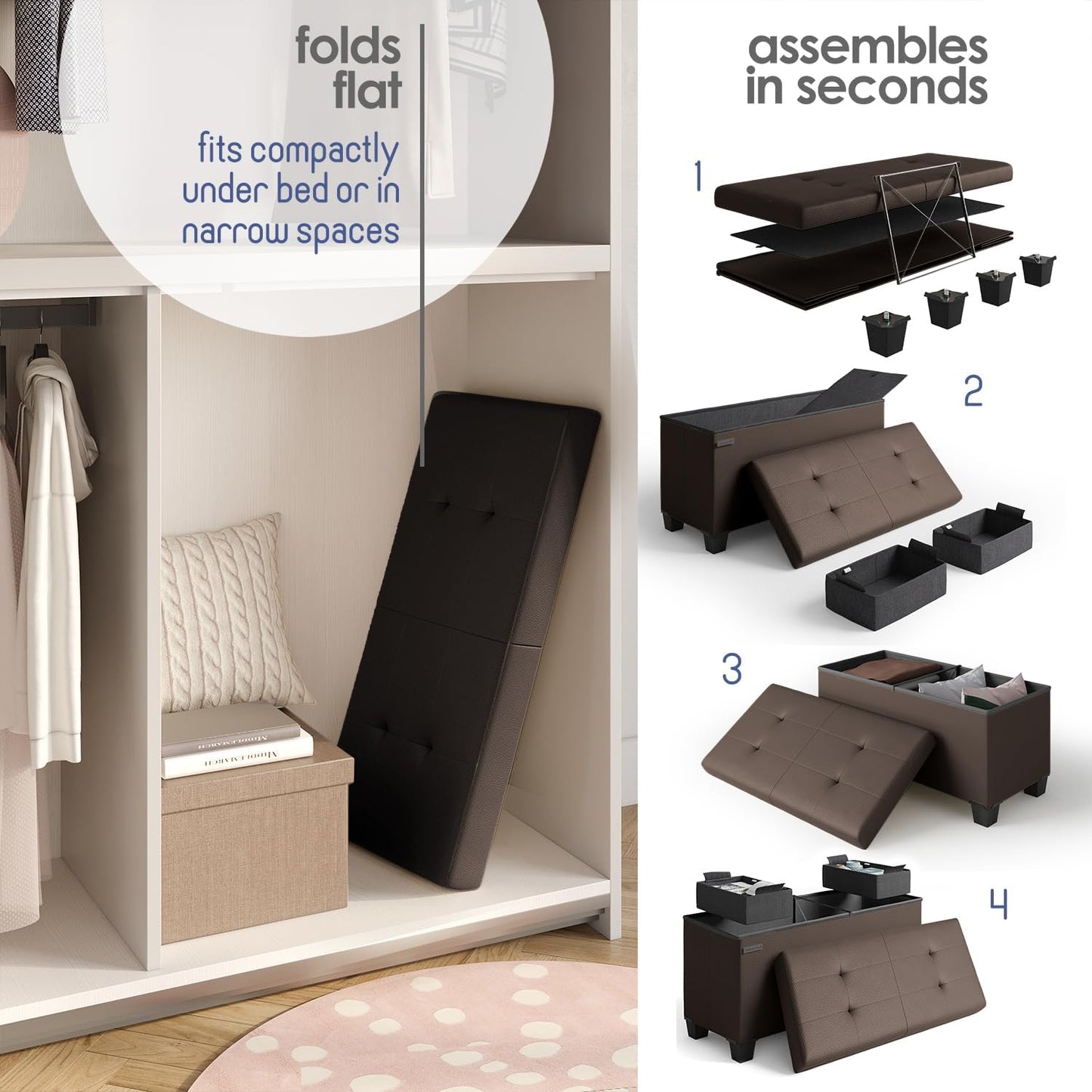 STORAGEBUD Storage Ottoman Bench with Bins, 30-in Storage Bench for Bedroom End of Bed, Folding Foot Rest Ottoman for Living Room Max 660lbs, Faux Leather Ottomans, Brown