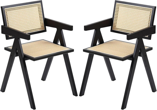 Rattan Dining Chairs Set of 2, Modern Mid Century Dining Chairs with Arms, Outdoor Bamboo Chairs for Bedroom, Living Room, Reading Room, Black