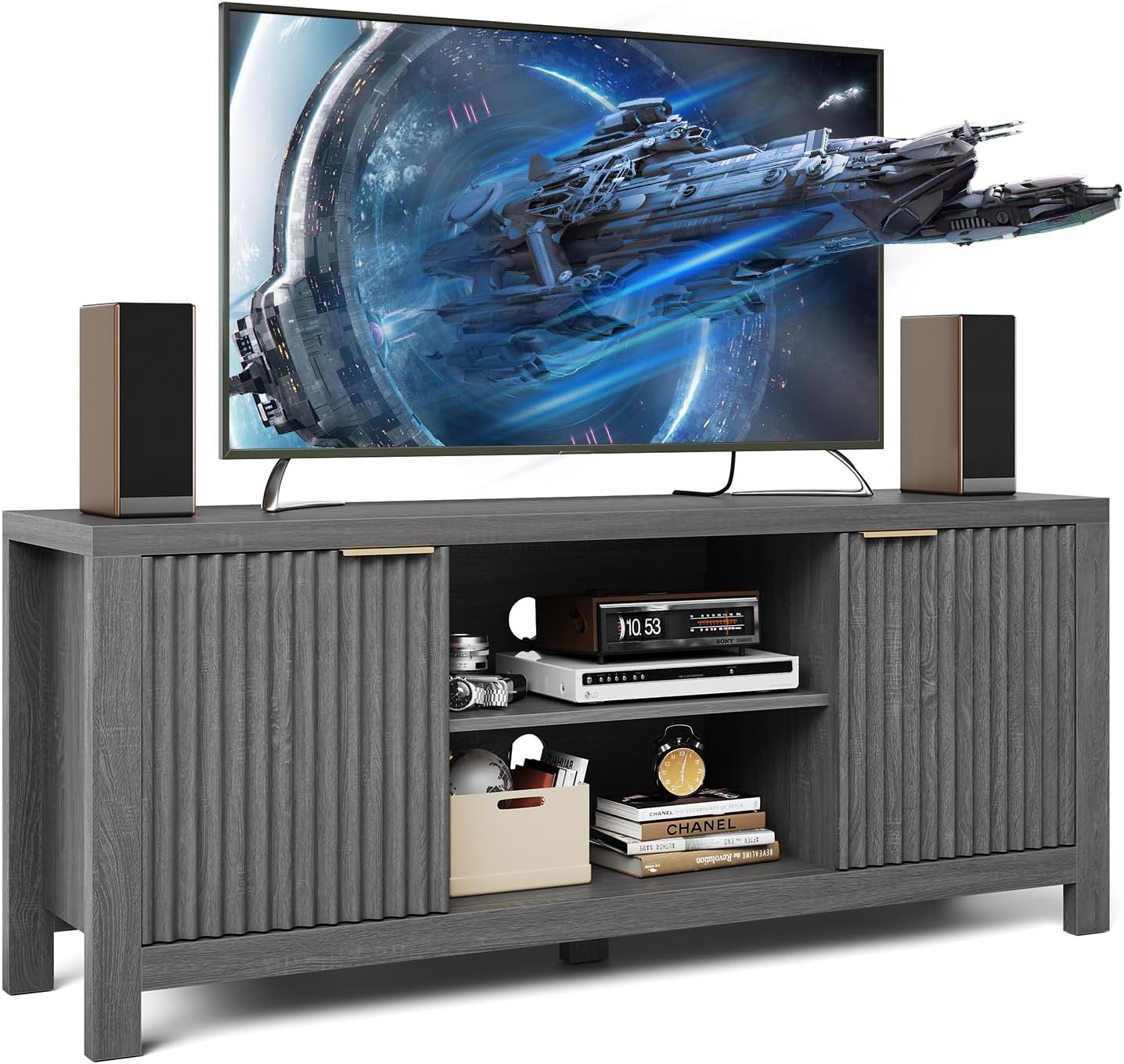 59" TV Stand for TVs Up to 65 Inches, Mid Century Modern TV Entertainment Center with Storage Cabinets & Open Shelves, Wood TV Cabinet for Living Room, Gray Oak