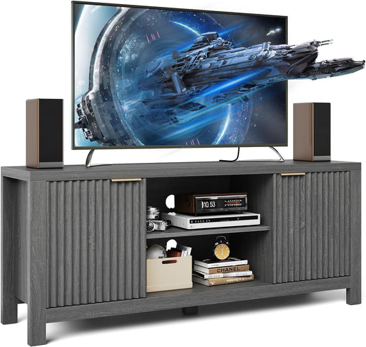 59" TV Stand for TVs Up to 65 Inches, Mid Century Modern TV Entertainment Center with Storage Cabinets & Open Shelves, Wood TV Cabinet for Living Room, Gray Oak