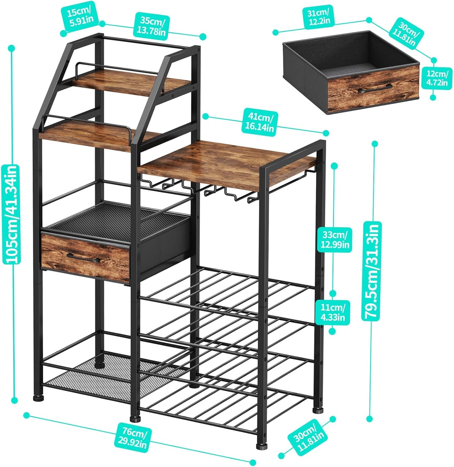 HapiRm Wine Rack Freestanding Floor - Multi-Tier Liquor Cabinet with Fabric Drawer, Liquor Bottle Display Shelf with Glass Holder, Vintage Whiskey Cabinet for Home