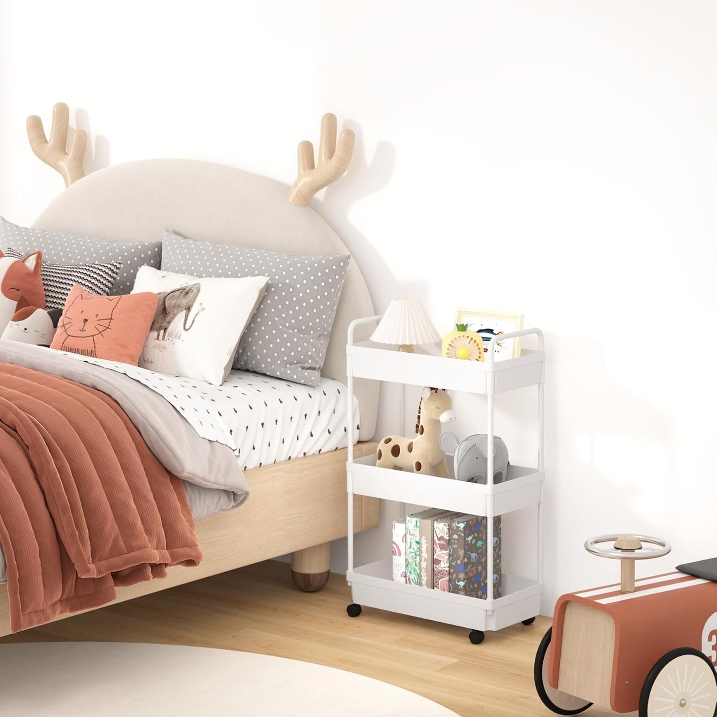 3-Tier Storage Cart，Shelf Organizer Mobile Shelving ，Utility Rolling Cart，Multifunction Movable Storage Organizer with Lockable Wheels,White