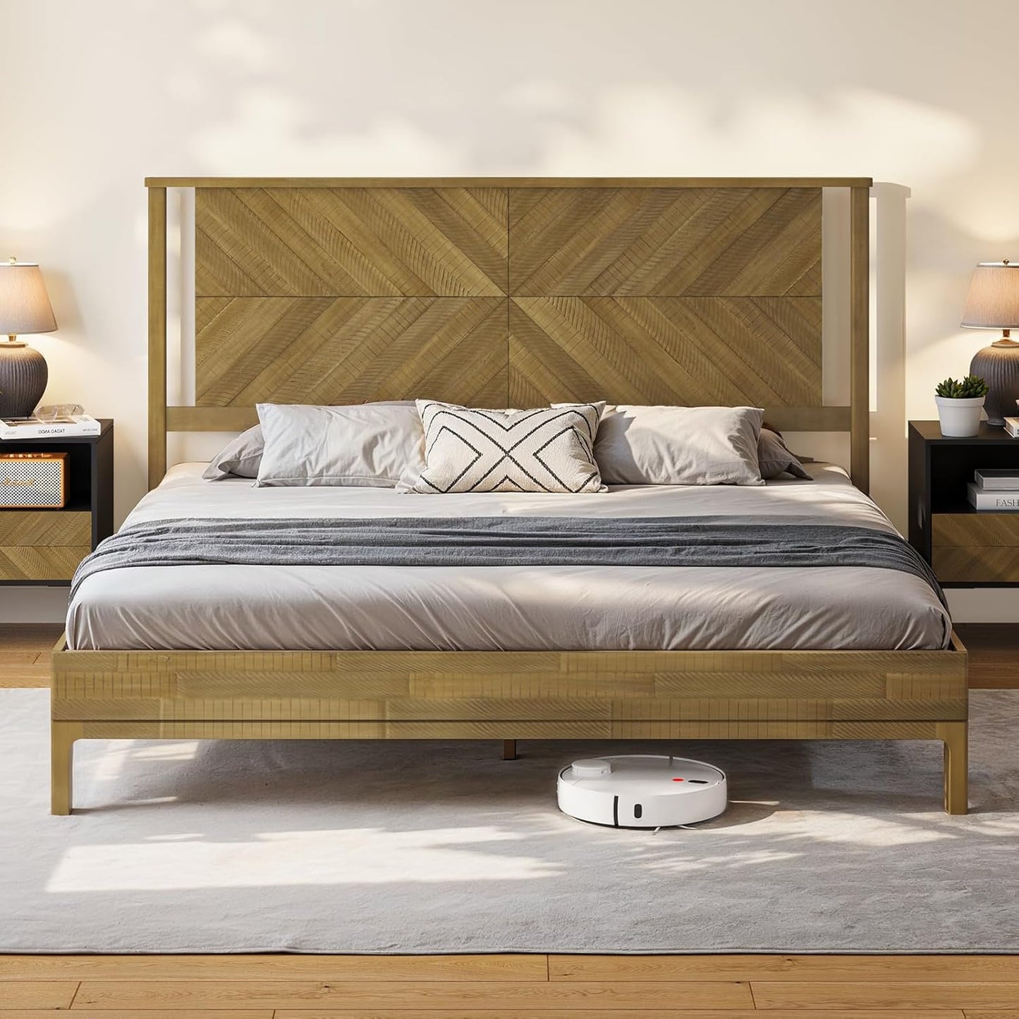 Bme Vivian 14 Inch Deluxe Bed Frame with Headboard, Rustic & Scandinavian Style with Solid Acacia Wood, No Box Spring Needed, 12 Strong Wood Slat Support, Easy Assembly, King, Rustic Seadrift