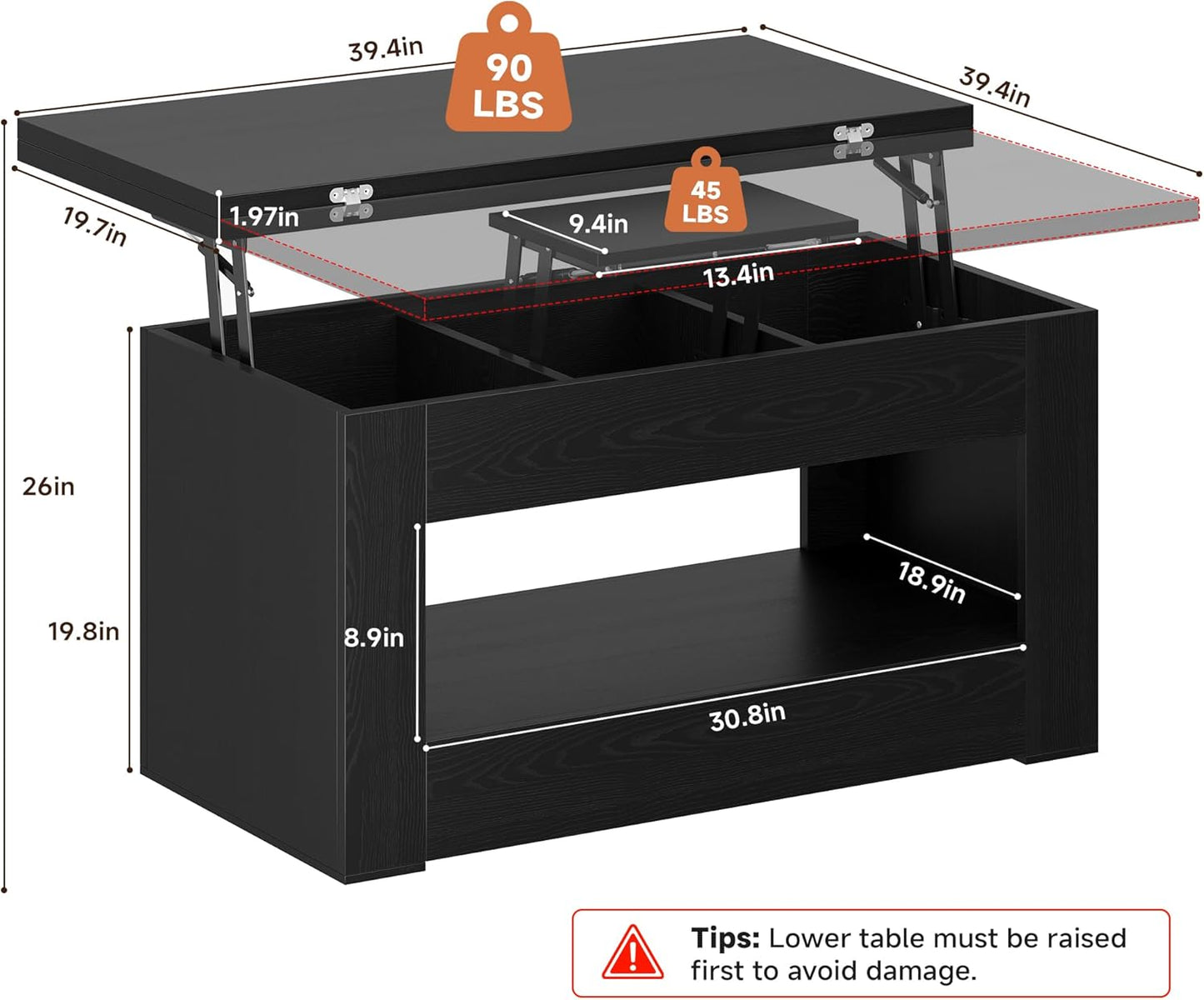 40" Lift Top Coffee Table, 4 in 1 Multi-Function Lift Coffee Tables with Storage and Hidden Compartment, Convertible Coffee Table to Dining Table for Living Room, Black