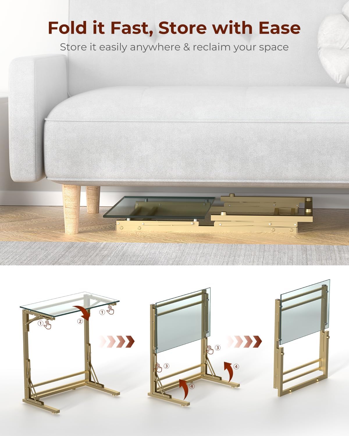 Tatub 24" Folding TV Tray Table Set of 2, Glass C Shaped End Table for Couch, Small Sofa-Side Laptop Desk with Gold Metal Frame for Living Room, Bedroom, Bedside