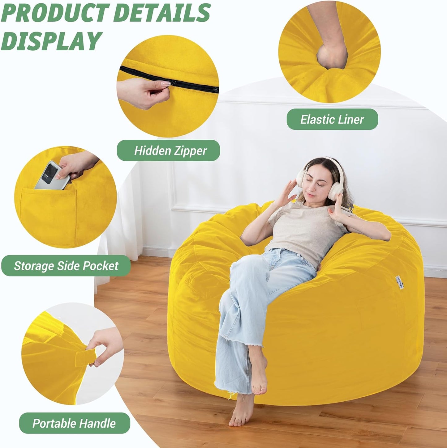 4FT Bean Bag Chair with Ultra Soft Velvet Cover Bean Bag Sofa with Memory Foam Bean Bag Chairs with Large Size Lazy Sofa for Dorm Office Living Room Bedroom Yellow 4'