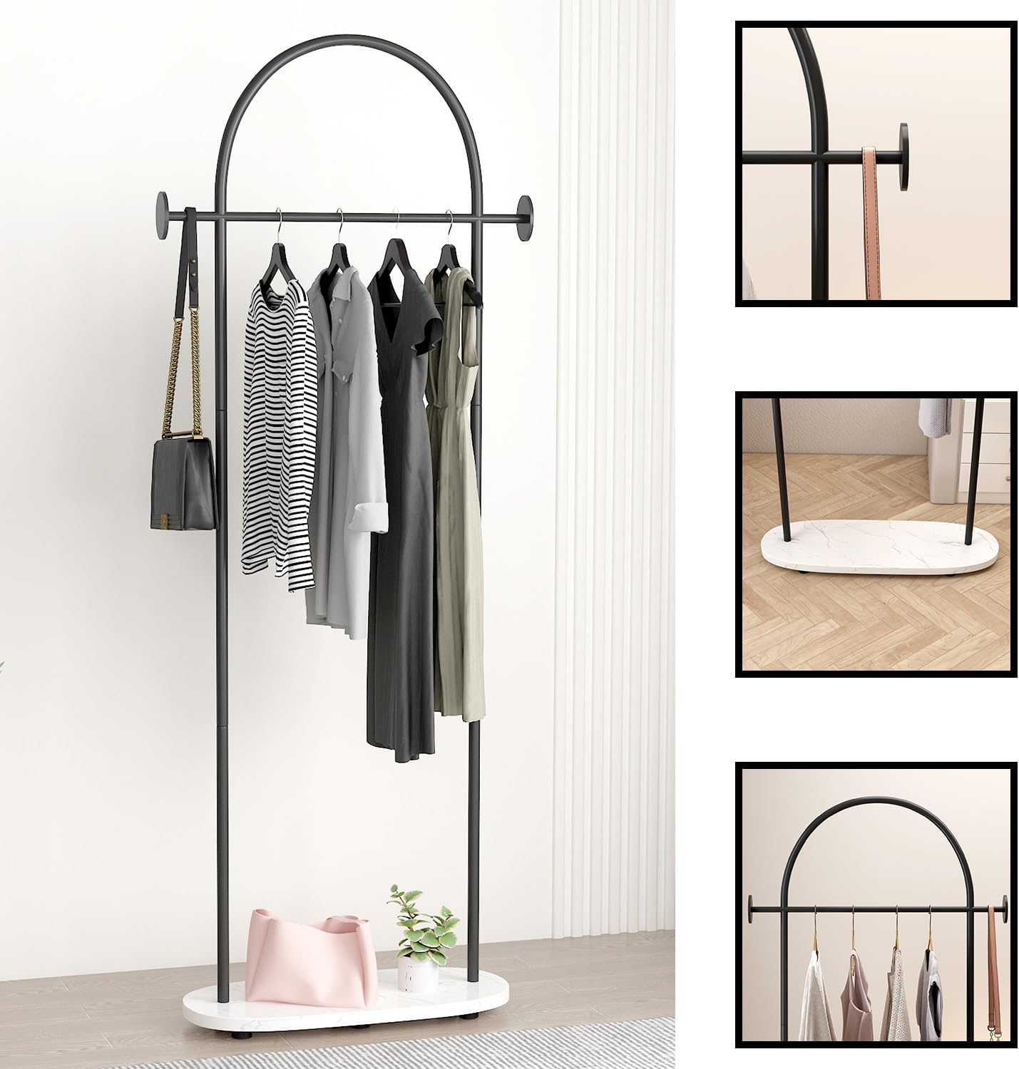 Black Clothing Racks, Modern Industrial Clothes Rack with Shelf, Heavy Duty Freestanding Coat Rack, Metal Coat Hanger Stand with Hooks for Boutique Office