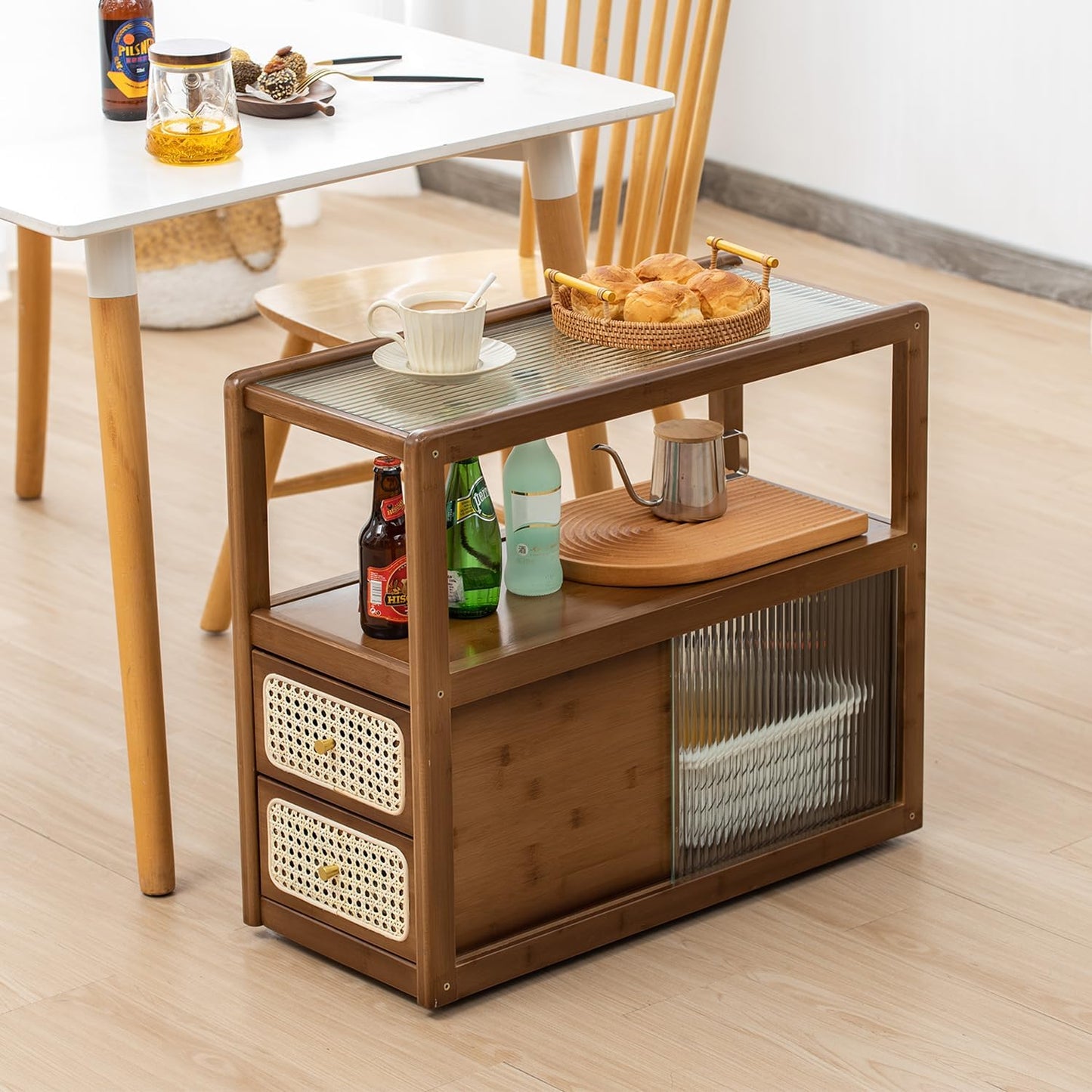 Bamboo Side Table Nightstand with Rattan Drawer & Glass Top – Multi-Function End Table, Nightstands with Storage for Bedroom, Living Room, and Small Spaces, Walnut