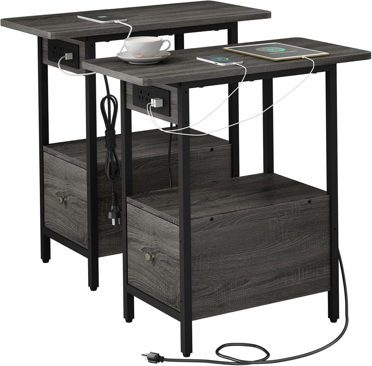 LIDYUK End Table with Charging Station, Narrow Side Table with Drawer and USB Ports & Power Outlets, Nightstand Bedside Tables for Small Spaces, Bedroom, Living Room, Dark Grey, Set of 2