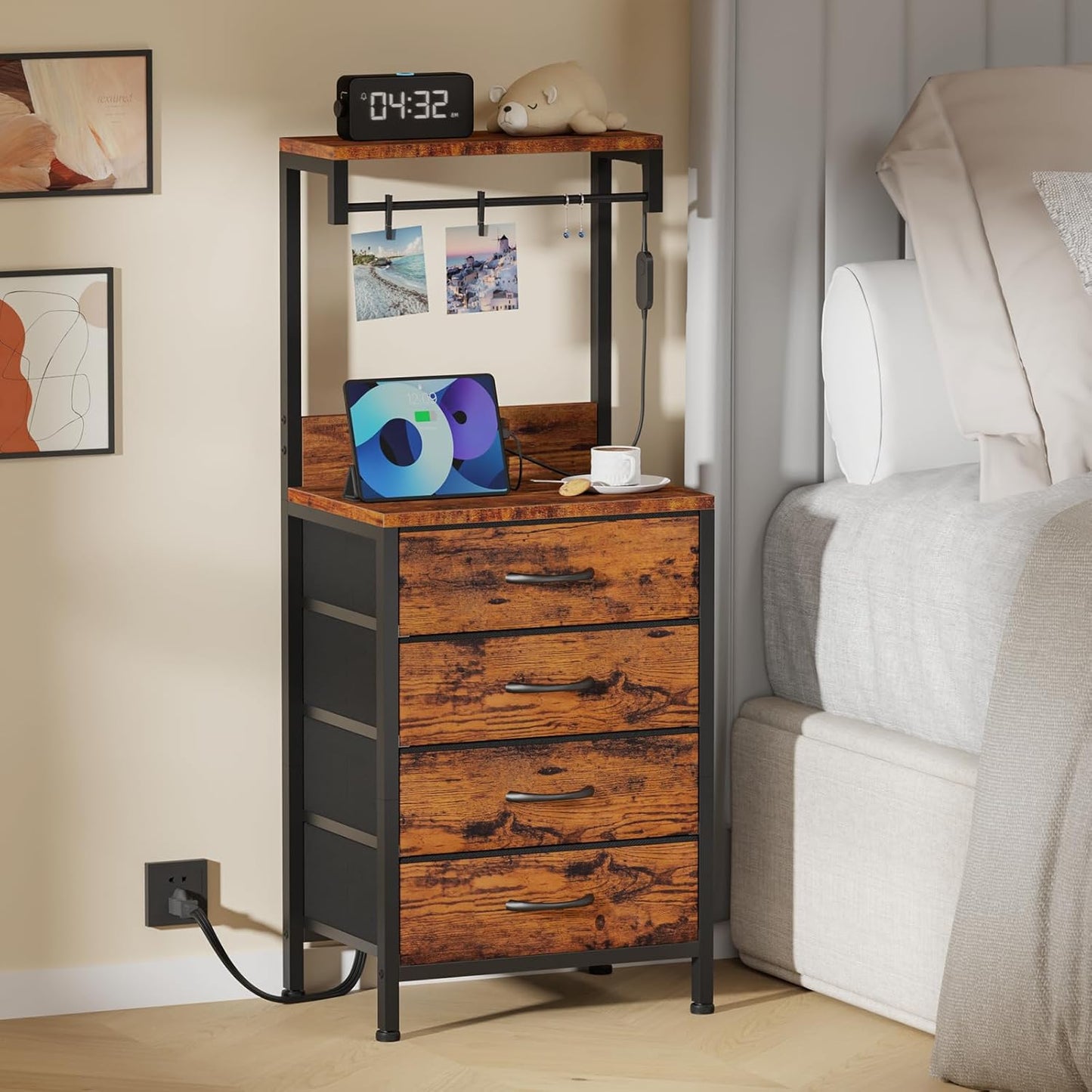 Furnulem Night Stand with Charger Station, 38'' Tall Nightstand with 4 Fabric Drawers and LED Lights, Bedside Table with Storage Shelf for Bedroom, Office, Metal Frame, Wood Shelves, Rustic Brown