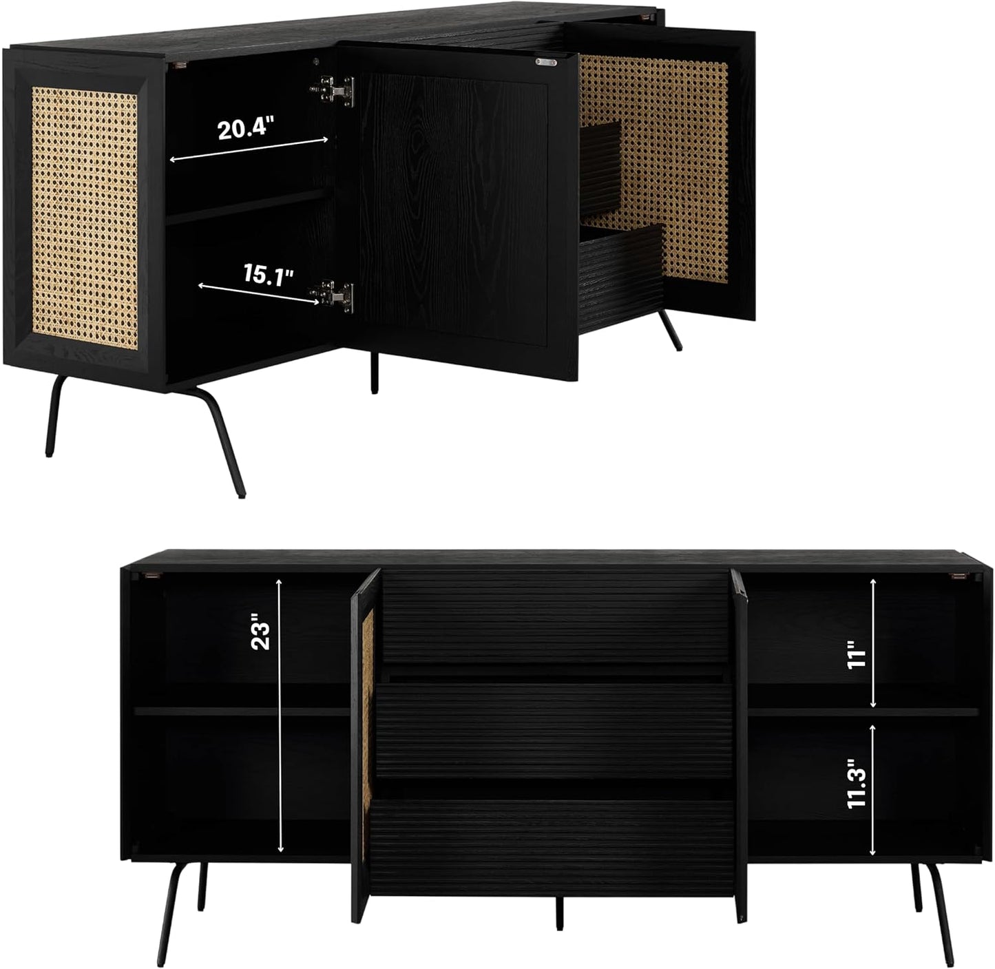NTC MOSSIC Sideboard with 2 Doors and 3 Drawers, Buffet Cabinet with Natural Rattan and Metal Legs, Modern Storage Cabinet for Living Room, and Hallway, Effortless Assembly - Burnt Black