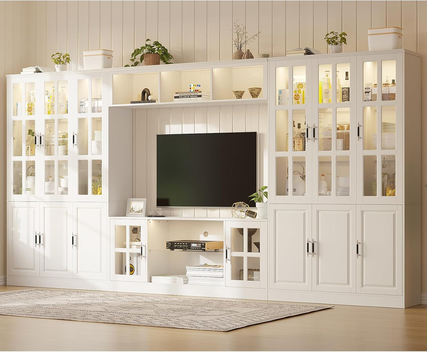 4-Piece Wall Unit TV Stand with Storage & LED Lights for TVs up to 75", Modern Entertainment Center with Bookshelves & 6-Door Pantry Cabinet, White