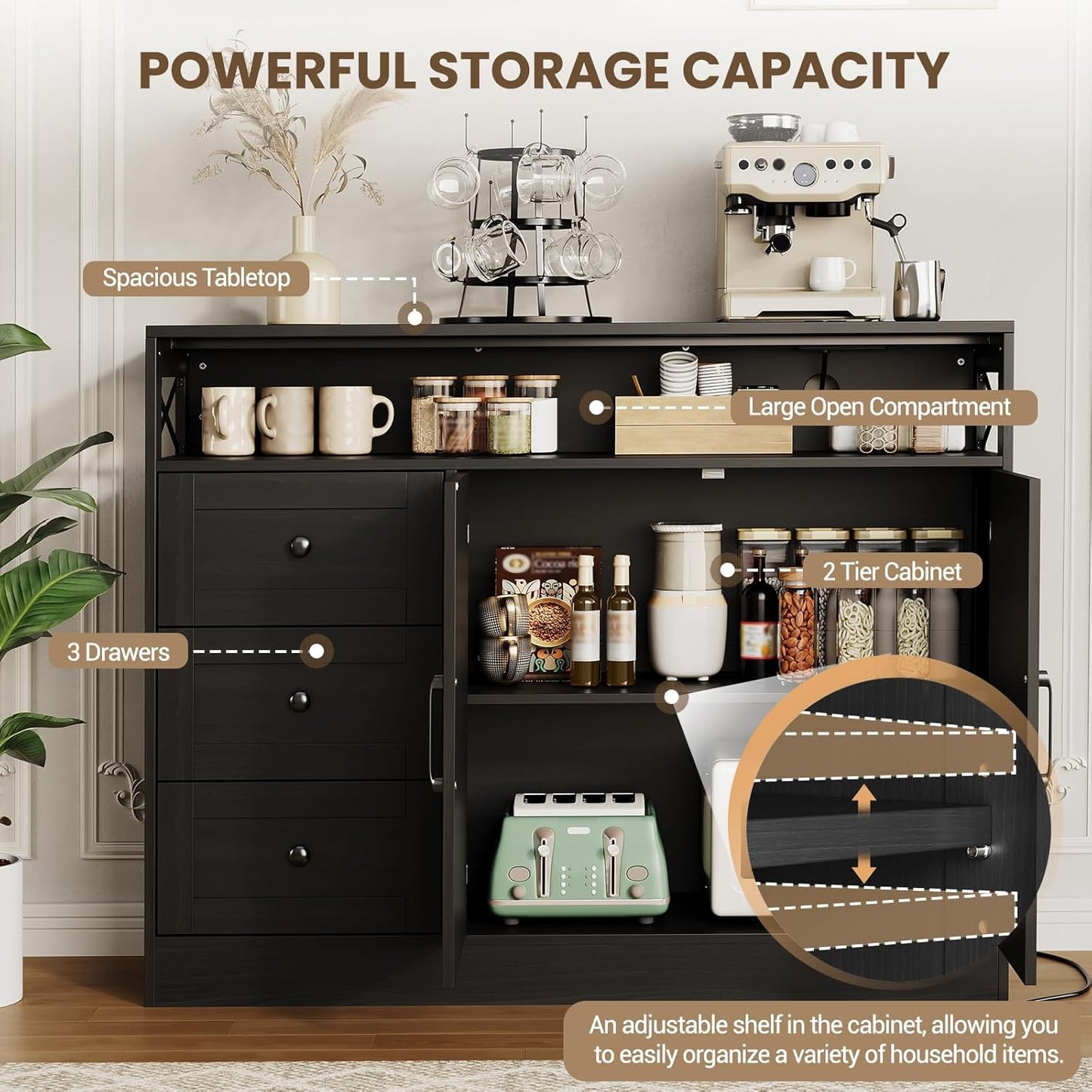 47" Farmhouse Sideboard Buffet Cabinet with Storage & Built-in Power Outlet,Coffee Bar Table Kitchen Buffet Cabinet with 3 Drawers and Barn Doors, Adjustable Shelves for Living Room Dining Room Black