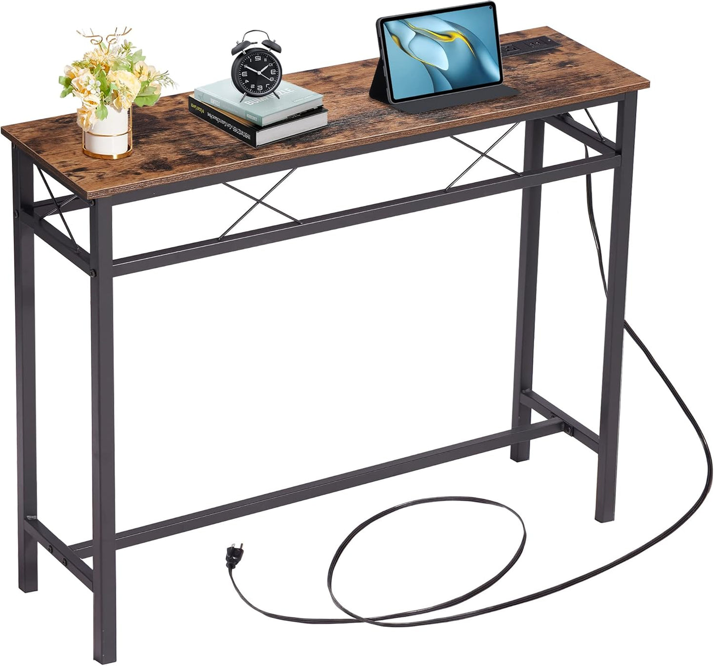 VECELO 39.4In Narrow Sofa/Console Table with Charging Station & Power Outlet and USB Ports, for Entryway, Living Room, Office, Industrial, Metal Frame, Brown